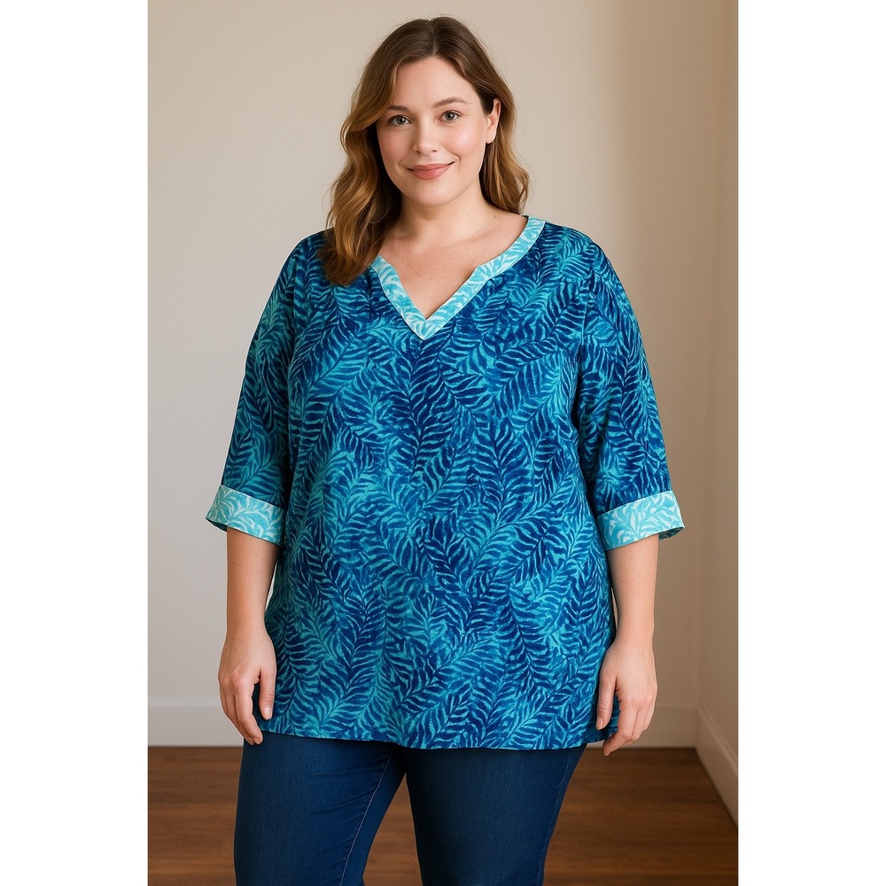 Catherines Petite Plus 2X Blue Tropical Leaf Print V Neck 3/4 Sleeve‎ Tunic Top